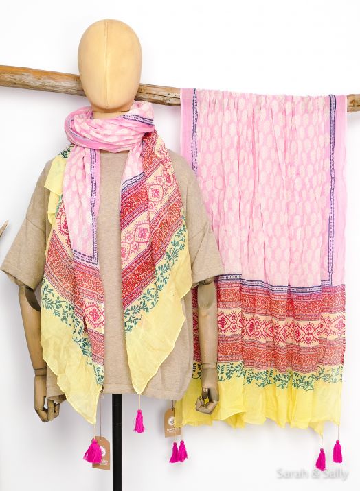 BW Schal: indisches Muster Rosa+Gelb